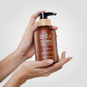 Two hands gracefully cradle a bottle of Shea-18 MEA Collagen Therapy Shampoo against a simple backdrop.