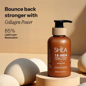 SHEA 18-MEA Collagen Therapy Shampoo showcasing text about collagen power and promising to restore 85% of the lipid layer. 