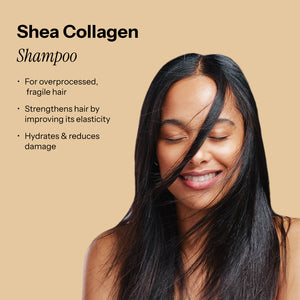 Shea-18 Mea Collagen Therapy Shampoo. Text highlights benefits for hair: strengthens, hydrates, and reduces damage.