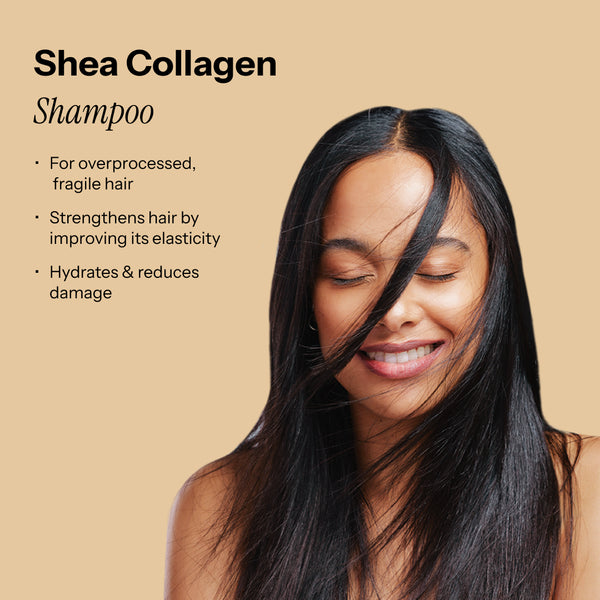 Shea-18 Mea Collagen Therapy Shampoo. Text highlights benefits for hair: strengthens, hydrates, and reduces damage.