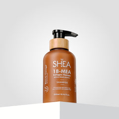 The brown bottle of Shea-18 Mea Collagen Therapy Shampoo, complete with a pump and labeled for bleach recovery.