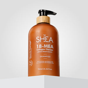 Bottle of Shea Mea Collagen Shampoo with pump top, labeled for bleached and fragile hair, 750ml.