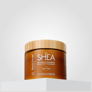 A brown jar of Shea Retention Butter with a bamboo lid rests elegantly on a white surface.