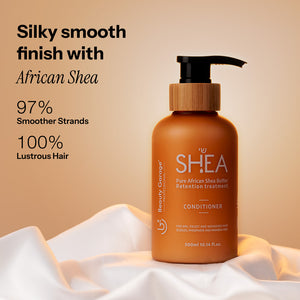 Bottle of U-Shea African Shea Retention Conditioner on a silky fabric, with text highlighting "Silky smooth finish".