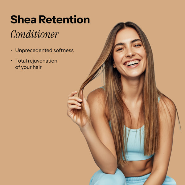 A model beams while showcasing her flowing, straight hair, embodying the essence of "Shea Retention Conditioner."