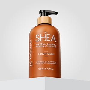 Brown bottle of Shea Retention Conditioner with a pump, specifically labeled for dry, frizzy hair.