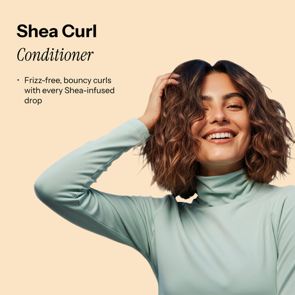 "Shea Retention Curl Conditioner" and mentions "Frizz-free, bouncy curls with every Shea-infused drop.