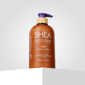 The Shea Retention Curl Conditioner, housed in a brown bottle with a wooden pump, stands elegantly on a white platform.