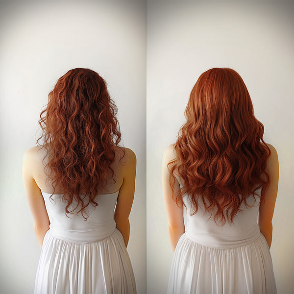 Images of a woman with long auburn hair, viewed from the back. Shea Retention curl shampoo before and after transformation.