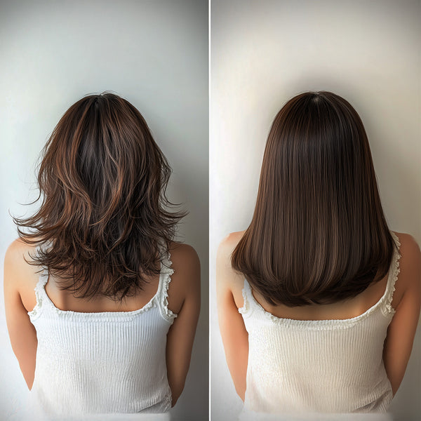 The left image reveals layered hair, while the right reveals smooth locks effects of the Shea Retention hair butter mask.