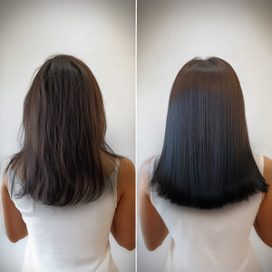 Before and after comparison of women's hair enhanced by Shea Retention Hair Oil.