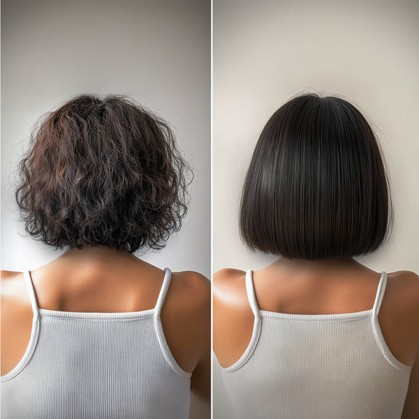 Curly hair on the left and straight hair on the right transformation achieved using the Shea Retention Injector Spray.