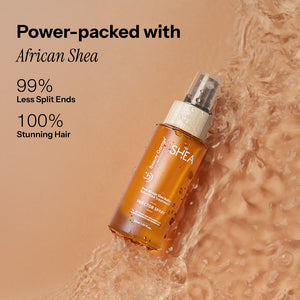 A bottle of "African Shea Retention Spray" promises "99% Less Split Ends" and "100% essence of a rejuvenated lifestyle.