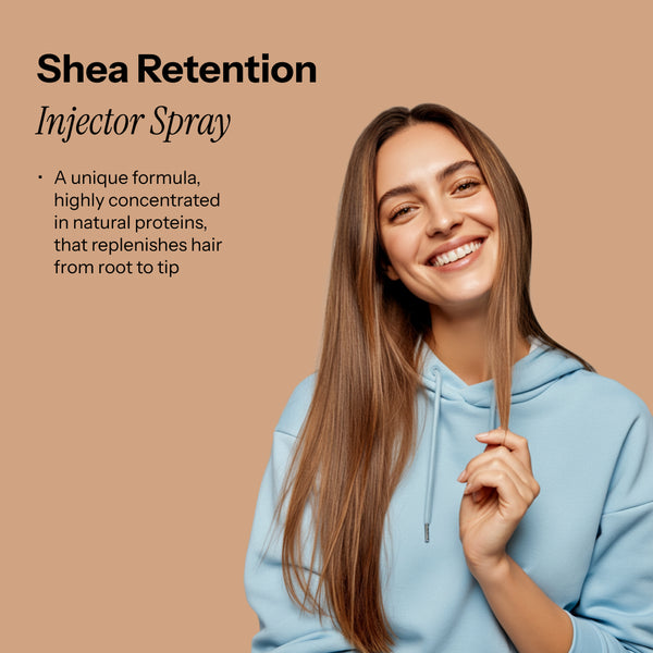 A model with a radiant smile gracefully holds her long hair, showcasing the benefits of Shea Retention Injector Spray.