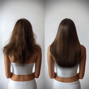 The left image shows wavy, tousled locks, while the right showcases smooth, straightened hair.