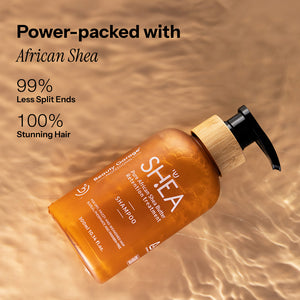 A bottle of Shea Retention Shampoo rests on a golden surface, illustrating the lifestyle benefits.