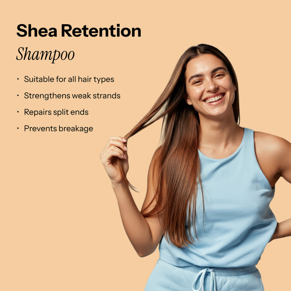 A smiling model with long hair looks at the camera. Shea Retention Shampoo, suitable for all hair types.