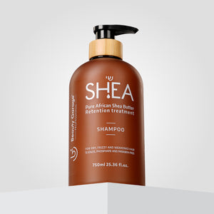 The brown bottle of Shea Retention Shampoo with a pump is designed for dry, frizzy, and weakened hair.