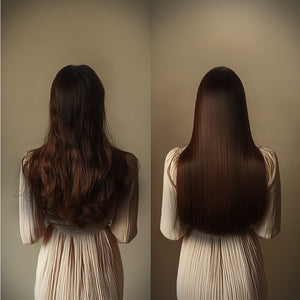 Comparison of a woman with long, wavy hair on the left and smooth, straight hair on the right after using the Shea travel kit