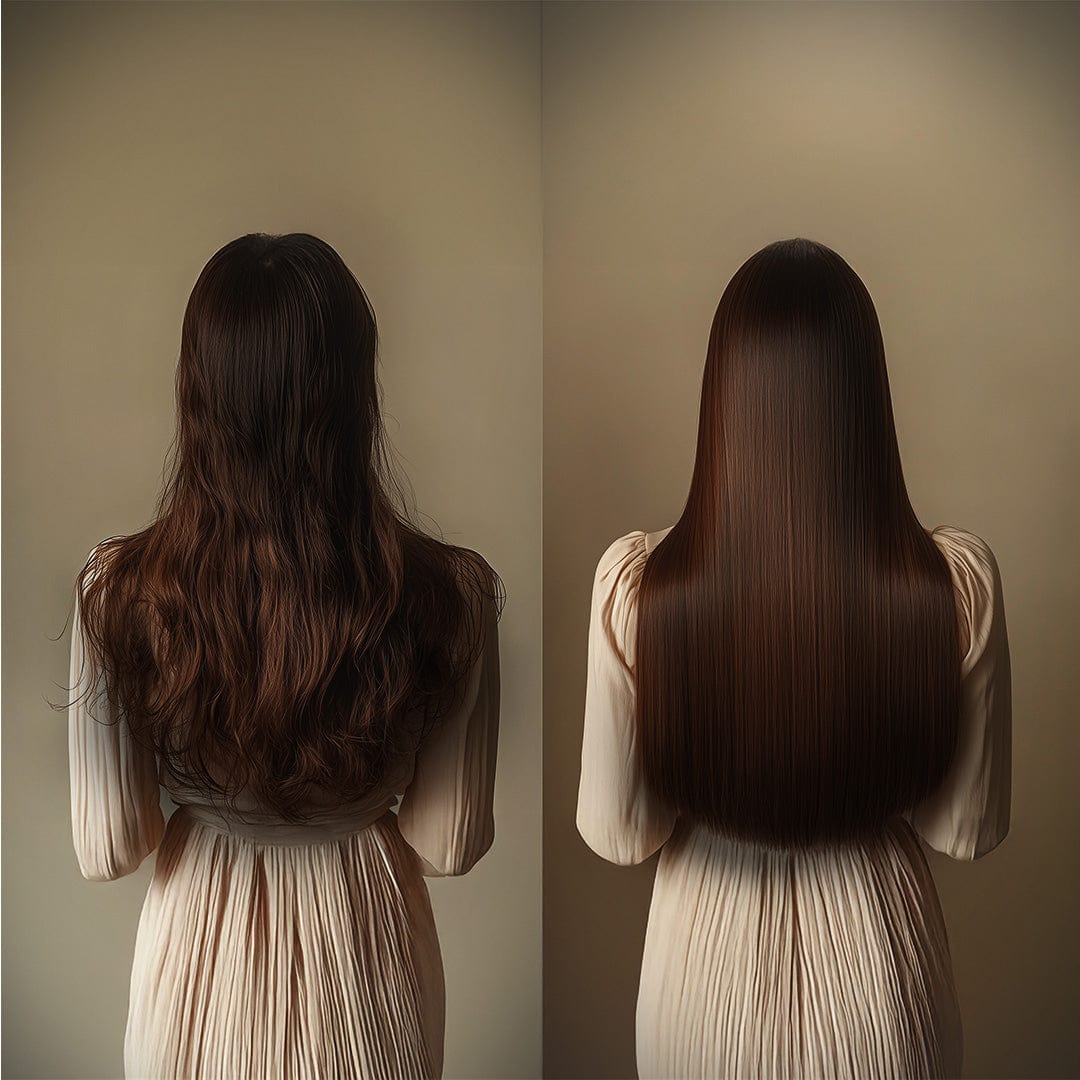 Comparison of a woman with long, wavy hair on the left and smooth, straight hair on the right after using the Shea travel kit