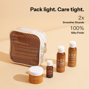 Experience the Beauty Garage Shea Travel Kit lifestyle with four streamlined skincare bottles and a container