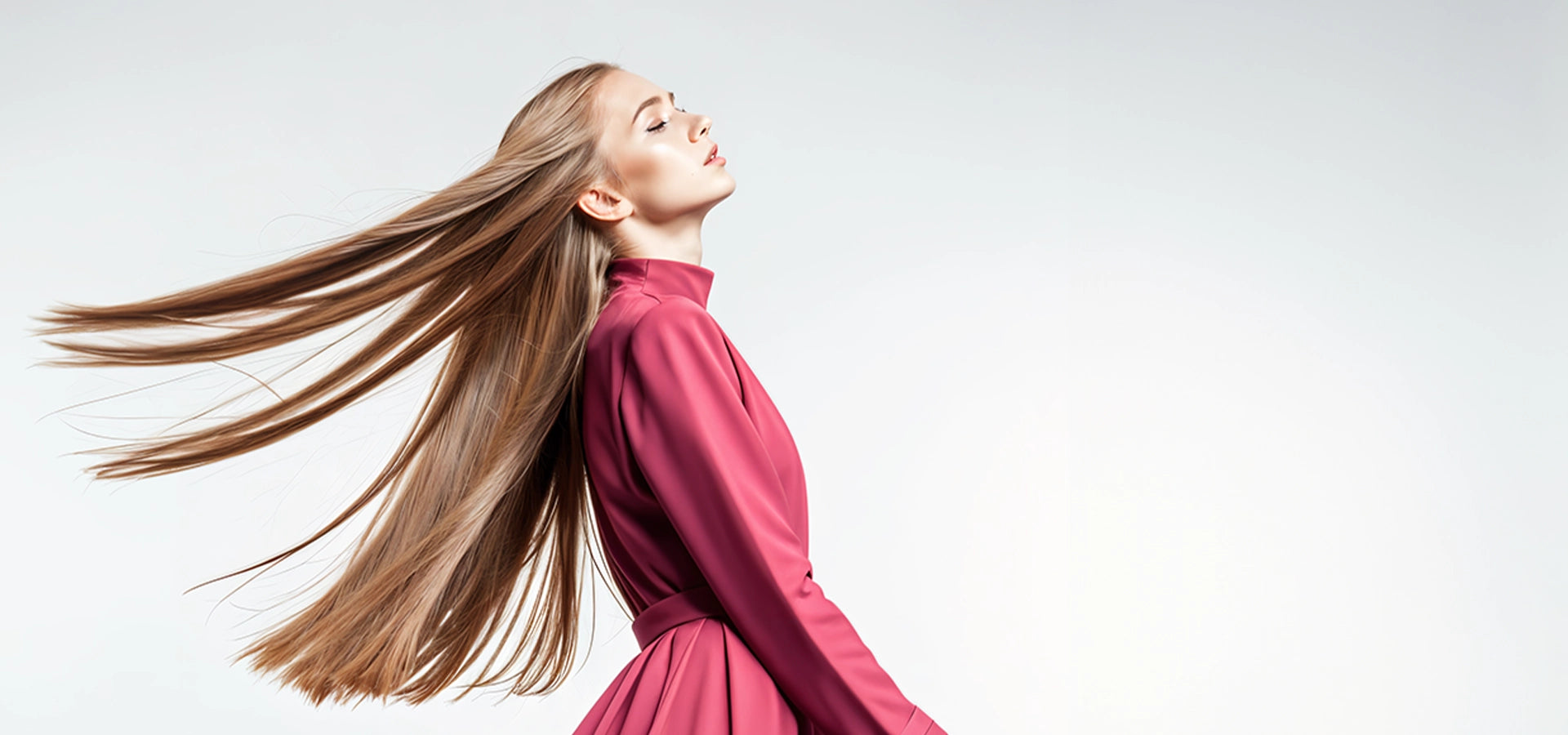 Woman in red dress with long straight hair flowing like silk, enhanced by hair beauty essentials on plain background.