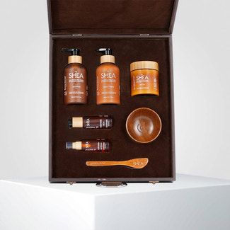 Shea retention gift pack of 6 with shampoo, conditioner, butter, oil, spray, and bowl for deep nourishment and hair hydration