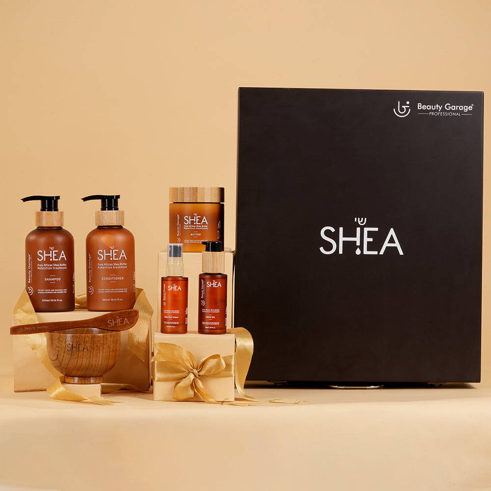 Shea retention hair care set – includes shampoo, conditioner, butter, oil, spray, and bowl for deep nourishment and hydration