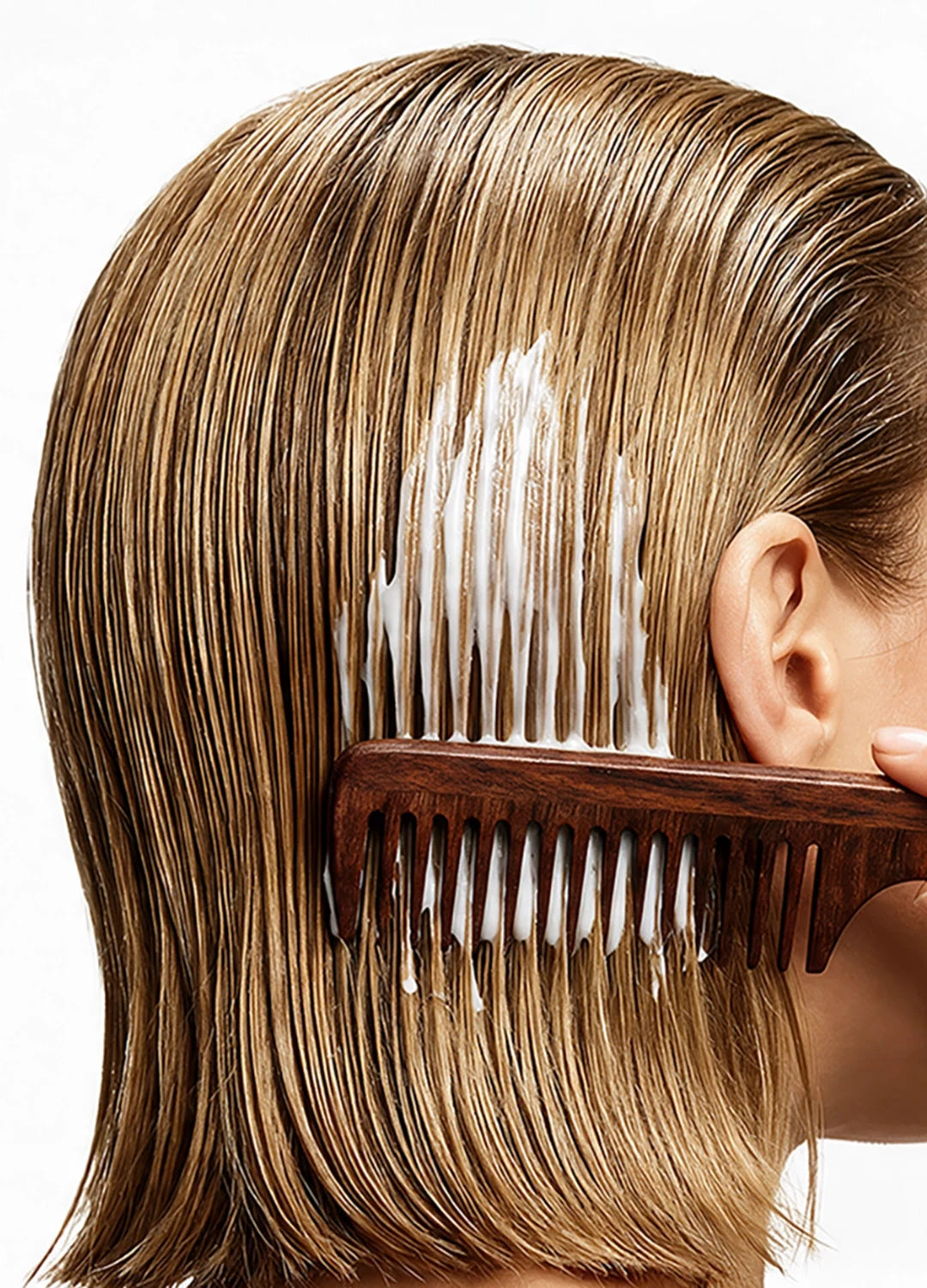Hair mask being combed through wet hair