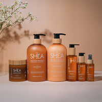 A set of hair care products labeled as Shea, including shampoo, conditioner, hair oil, and hair butter.