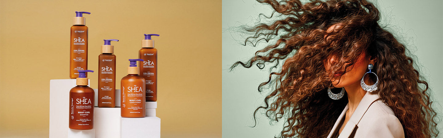 The Shea Curl Kit is displayed on pedestals beside a woman with curly hair, accentuating her look with large earrings.