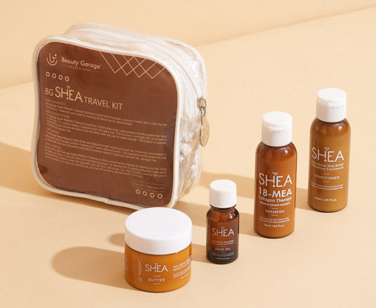 The Shea Travel Kit slider includes travel-sized hair essentials in elegant brown bottles.