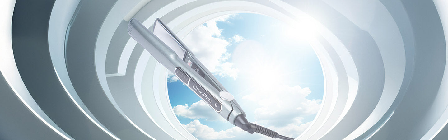 The Liss Pro toolkit hair straightener floats gracefully against a backdrop of circular white structures.